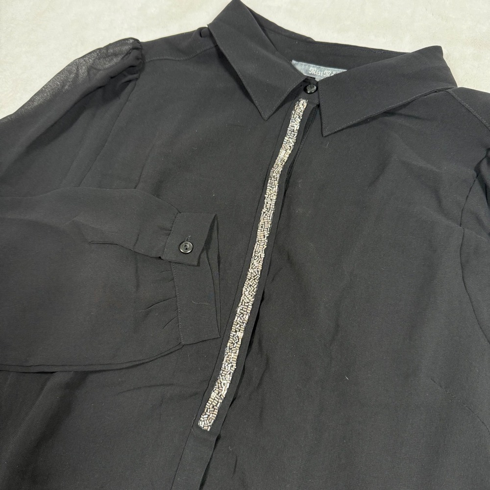 Miss Me Womens Black Sheer Lace Back Beaded Button Up Blouse MDT879L Size Large